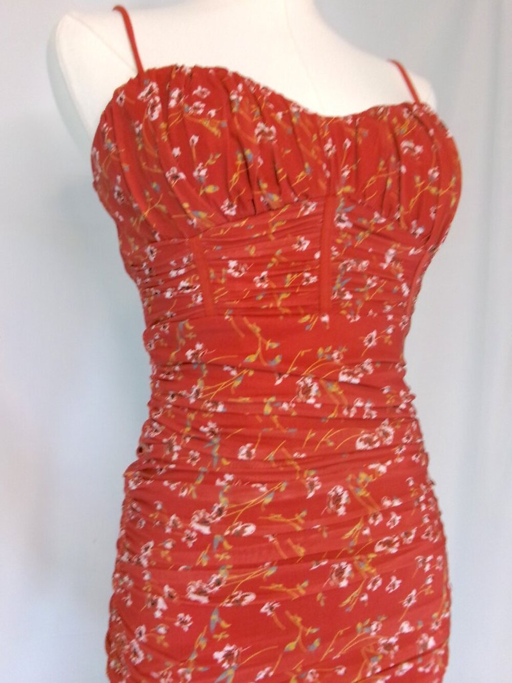 Hello Molly Red Floral Ruched Midi Dress Small Bustier Mesh Bodycon Sundress
